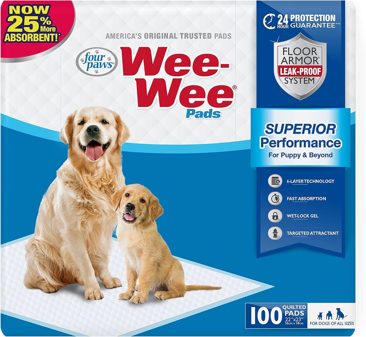 Four Paws Wee-Wee Superior Performance Dog Pee Pads, 100 Count | Quilted leak-proof puppy pads, dog housebreaking & potty training, 24-hour floor protection, pet supplies, 22" x 23"