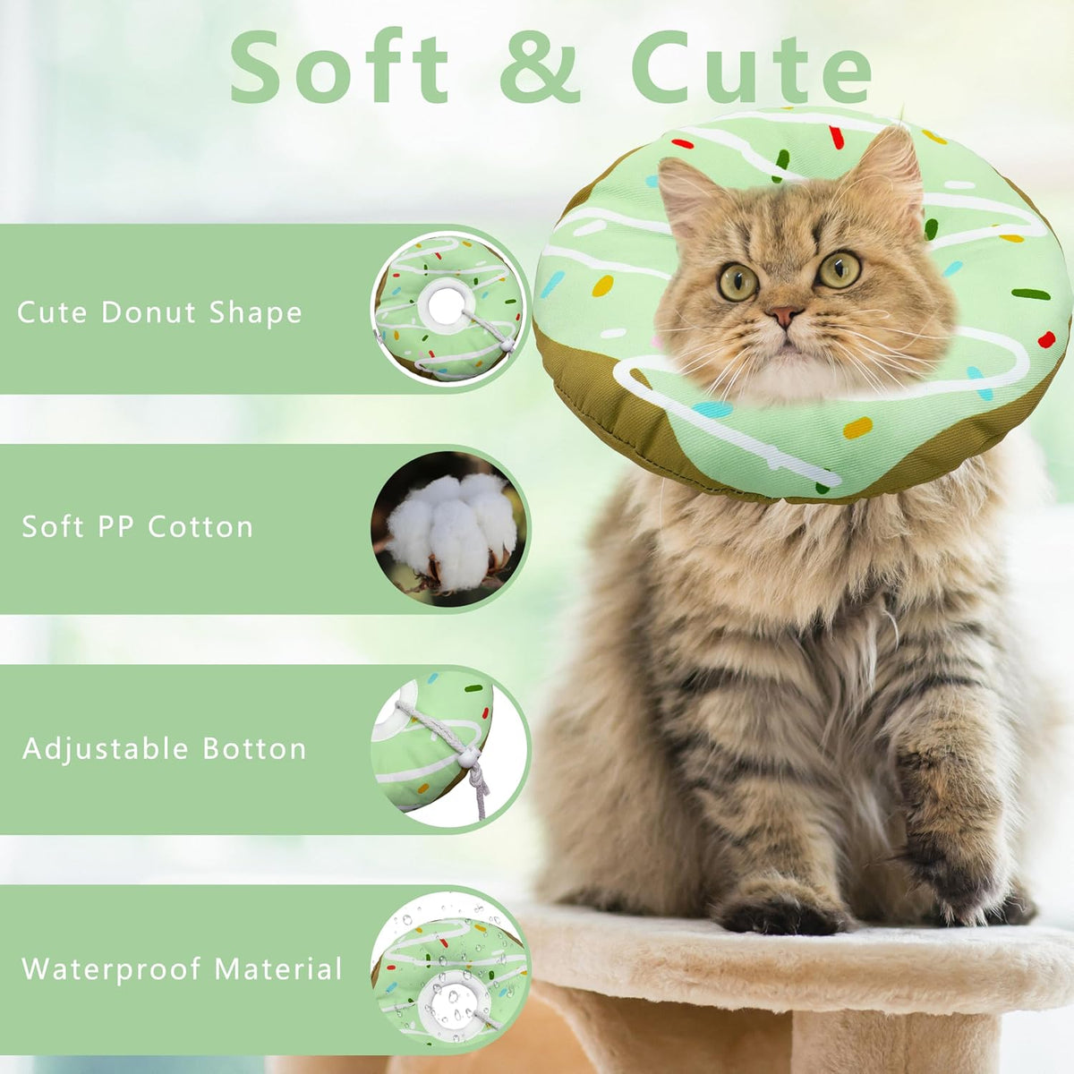 Seyezo Cat Cone Collar Soft, Adjustable Cat Recovery Cone, Waterproof Green