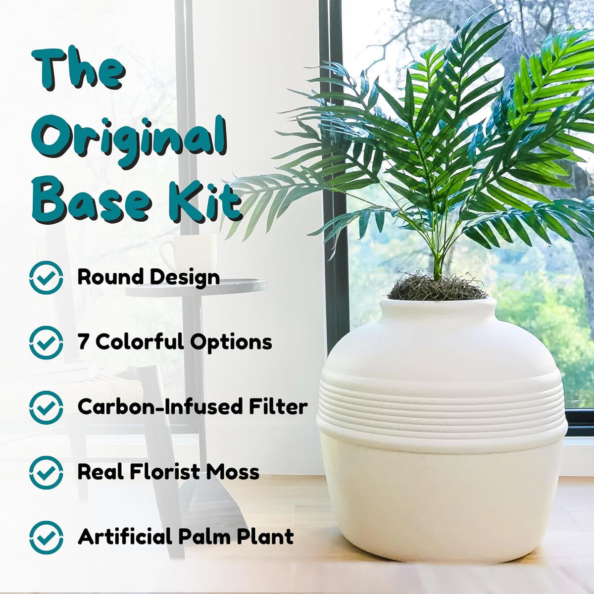 Good Pet Stuff Original Hidden Litter Box Planter, Decorative Cat Litter Enclosure, Carbon Filter, Faux Plant, Round Design, Easy to Clean, Base Kit, Palm Plant, Soft White