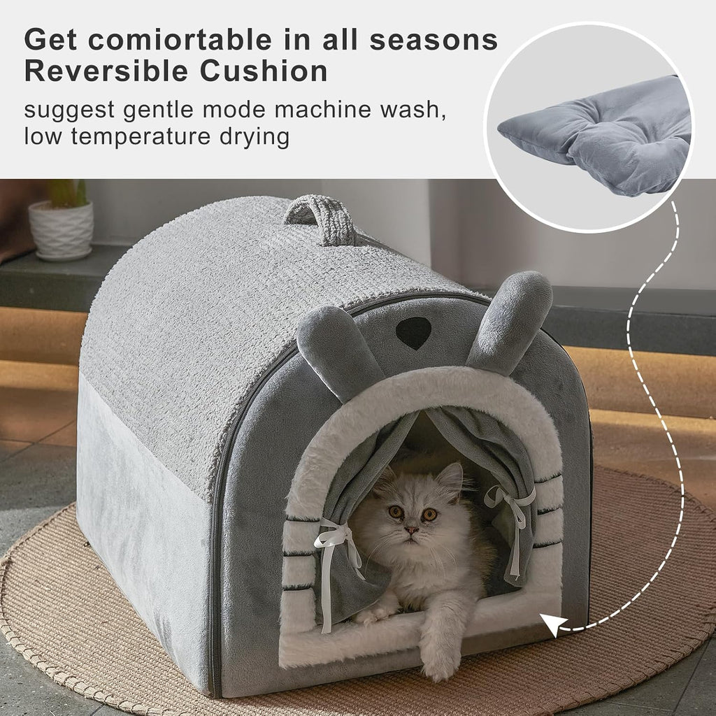 Jiupety Cat Houses for Indoor Cats, Cave Bed with Door Curtain Design,Grey