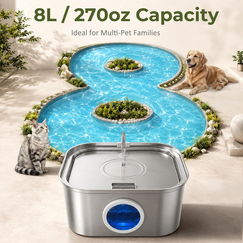 Dog Water Fountain for Large Dogs, 8L/270oz Stainless Steel Dog Bowl