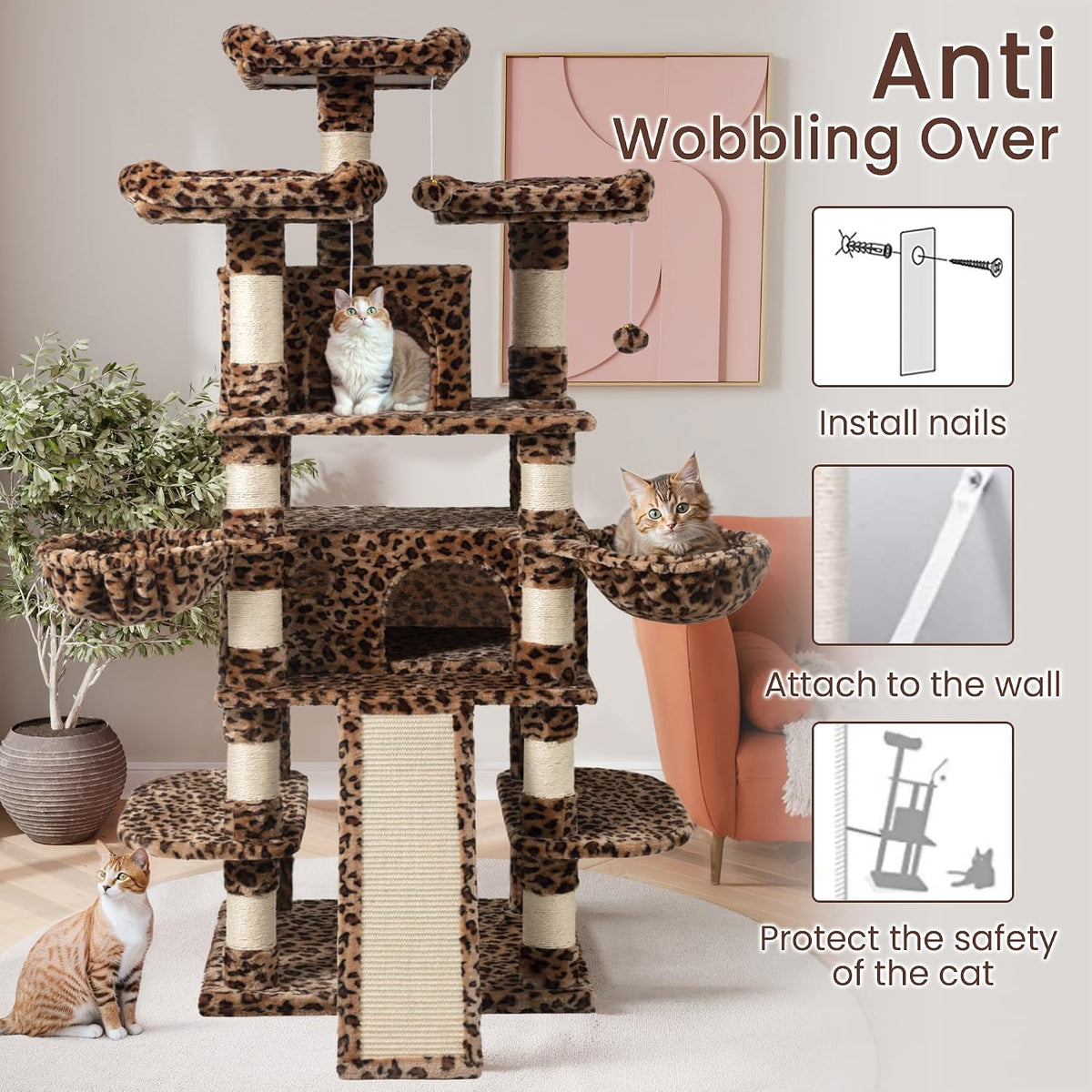 SHA CERLIN 68 Inches Multi-Level Large Cat Tree for Large Kitties/Big Cat Tower with Condo/Cozy Plush ‌Pussycat Perches/Sisal Scratching Posts and Hammocks/Activity Center/Leopard Print