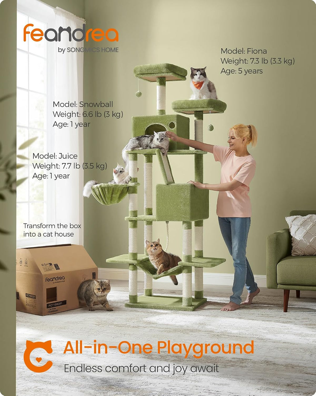 Feandrea Cat Tree, 81.1-Inch Large Cat Tower, Multi-Level Condo, Green