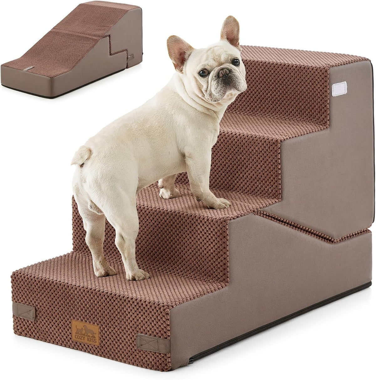 COZY KISS Dog Stairs for Small Dog, 18.9" H, 4 Step pet Step for Bed, Brown