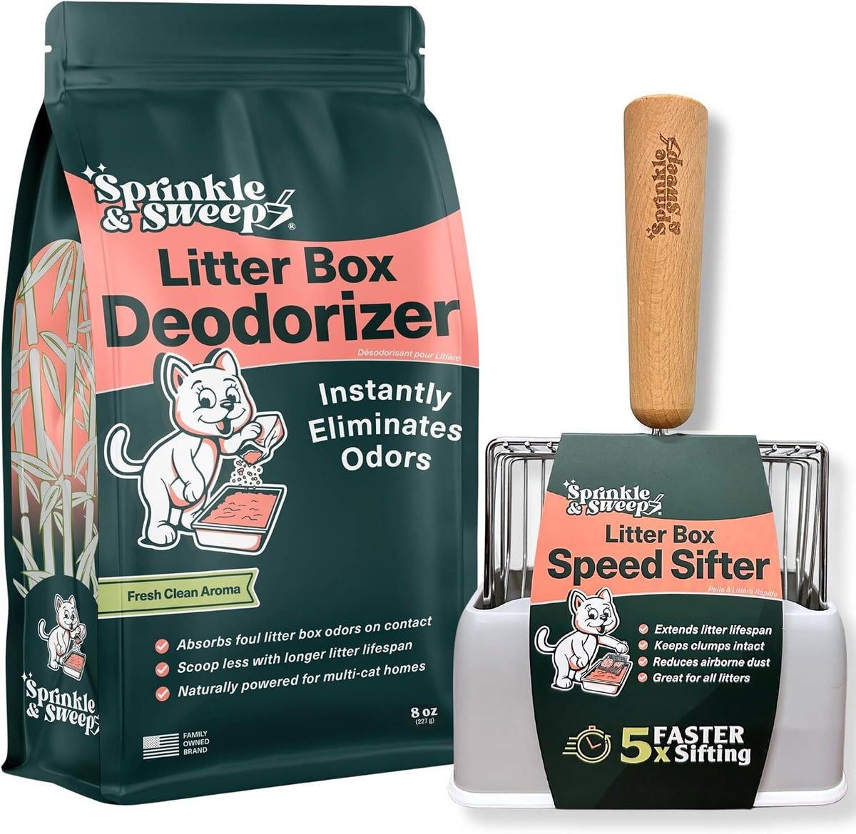 Sprinkle & Sweep: Litter Box Deodorizer Duo - 8oz Bag & Speed Sifter - Cat-Kitten Home Odor Neutralizer, Ultra-Absorbent Formula, Wood Handle Scooper