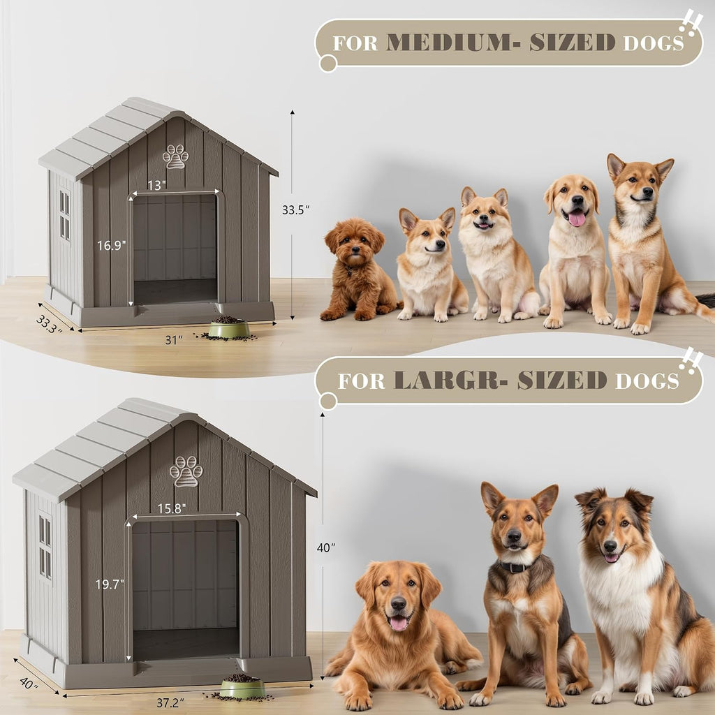 Fancyango Dog House Outdoor Indoor - Waterproof, Ventilated, Easy to Clean, Elevated Floor for Small-Large Dogs, Easy to Assemble (Grey, 37.2" L x 40" W x 40" H)