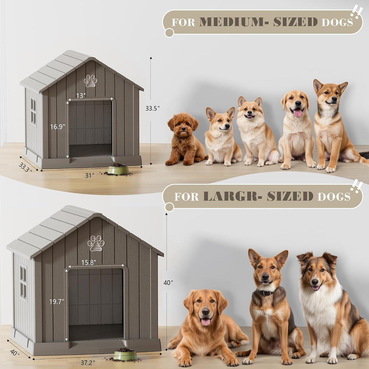 Fancyango Dog House Outdoor Indoor - Waterproof, Ventilated, Easy to Clean, Elevated Floor for Small-Large Dogs, Easy to Assemble (Grey, 37.2" L x 40" W x 40" H)