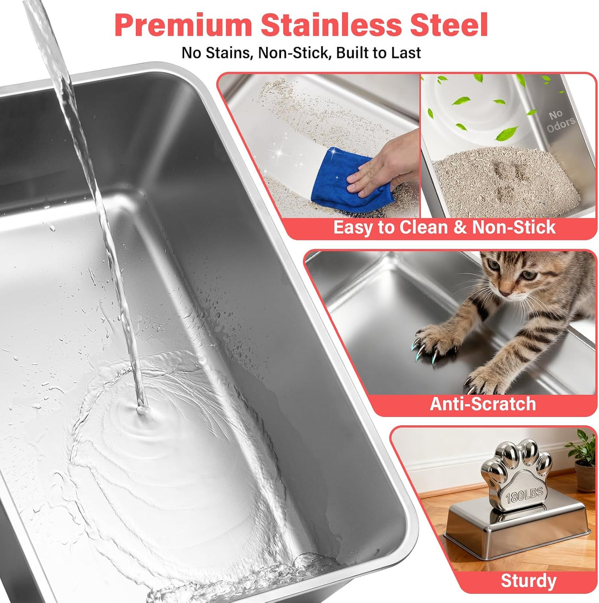 Stainless Steel Litter Box, Extra Large Metal Cat Litter Box for Big Cats | High Sided, Never Absorbs Odors, Anti-Urine Leakage, Non-Sticky, Easy Cleaning, Include Litter Mat & Scoop