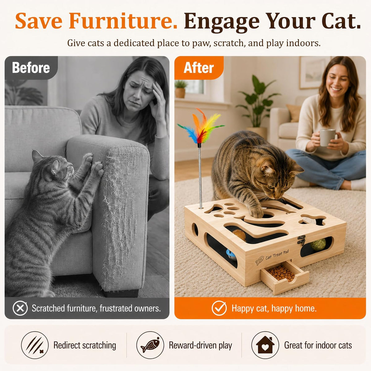 Cat Nail Scratch Puzzle Enrichment Box, Nail File Box with Flip-Top Lid