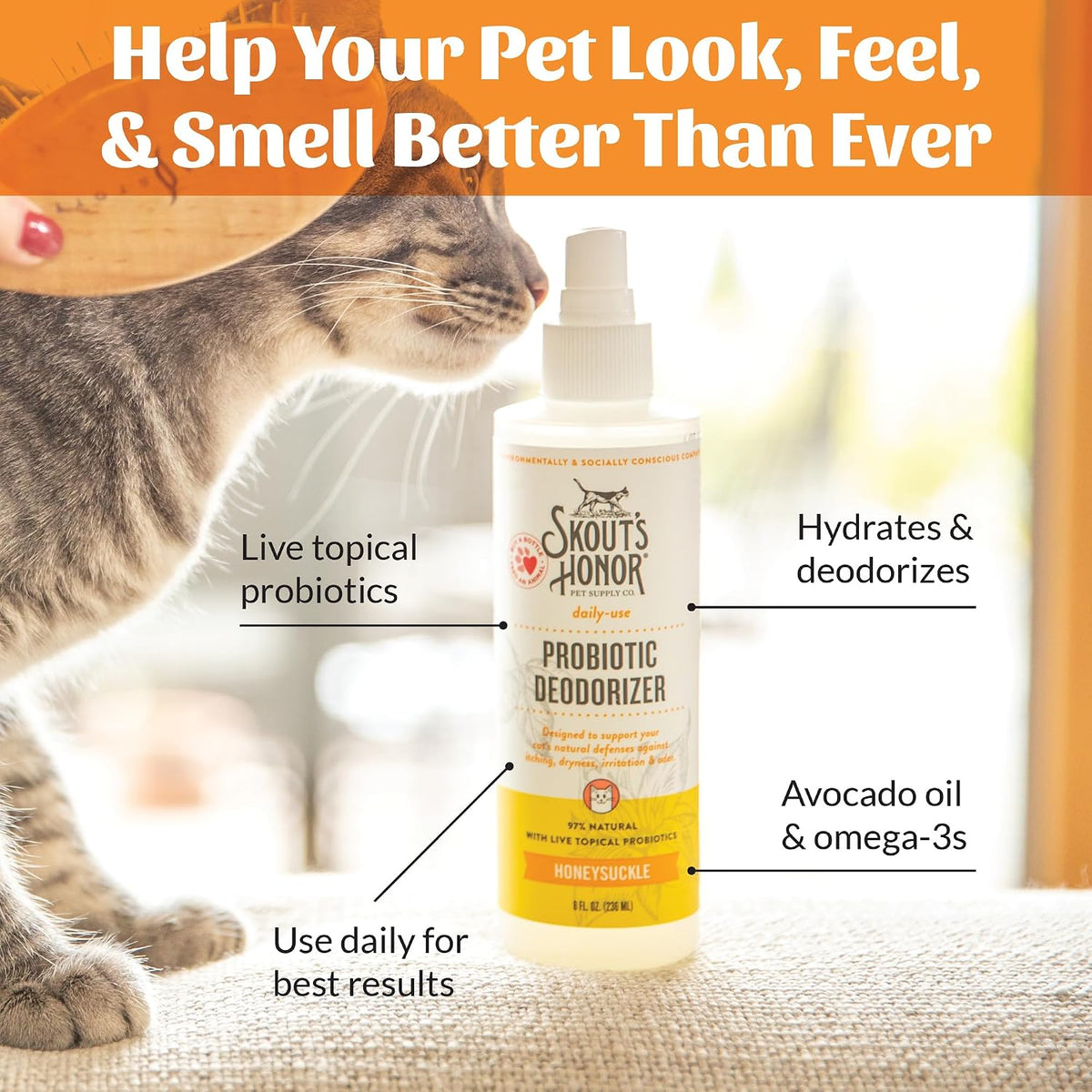 SKOUT'S HONOR Probiotic Cat Deodorizing Spray- Honeysuckle, 8 oz