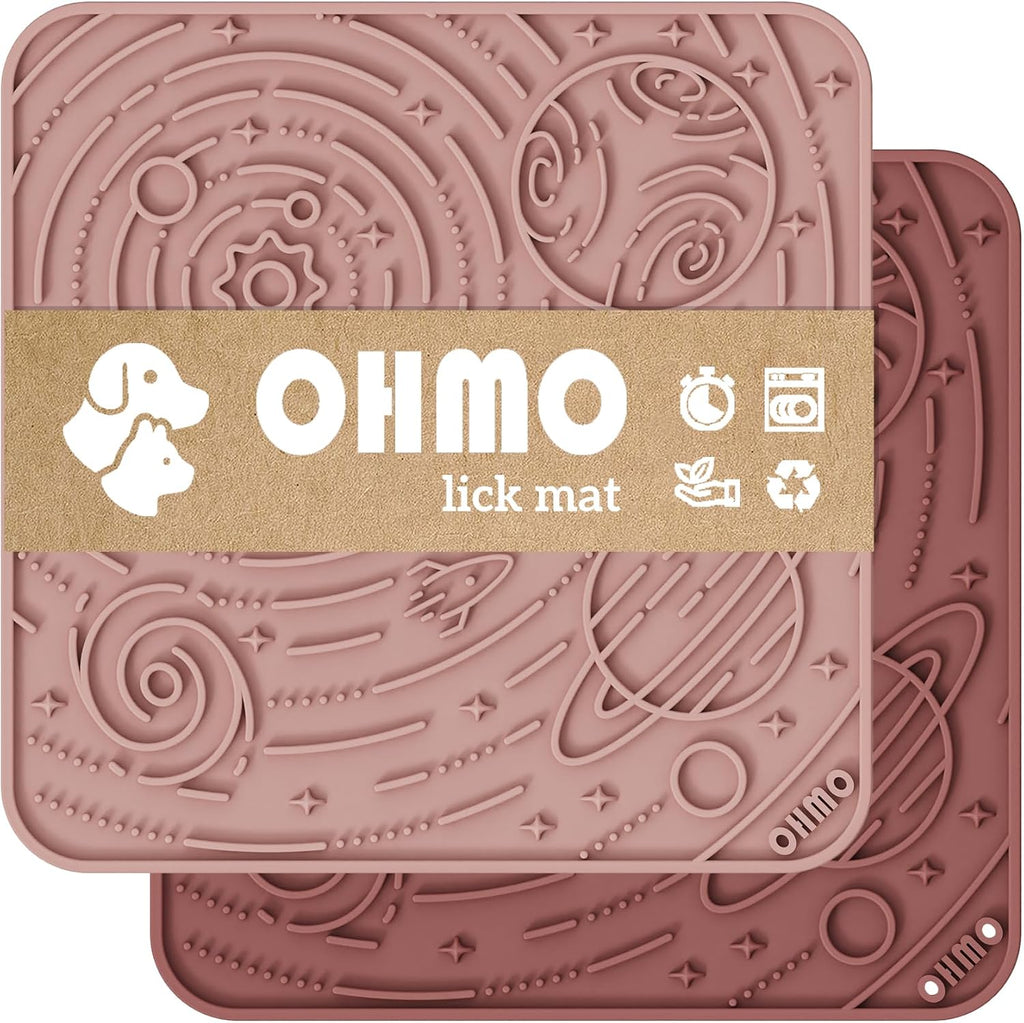 OHMO Large Lick Mat for Dogs&Cats, Space Pattern, 2pcs, Brick Red&Coral | Pet Enrichment Toys, Slow Feeder, Textured Silicone Surface, Strong Suction Cups, Anxiety&Boredom Relief, Easy-Clean