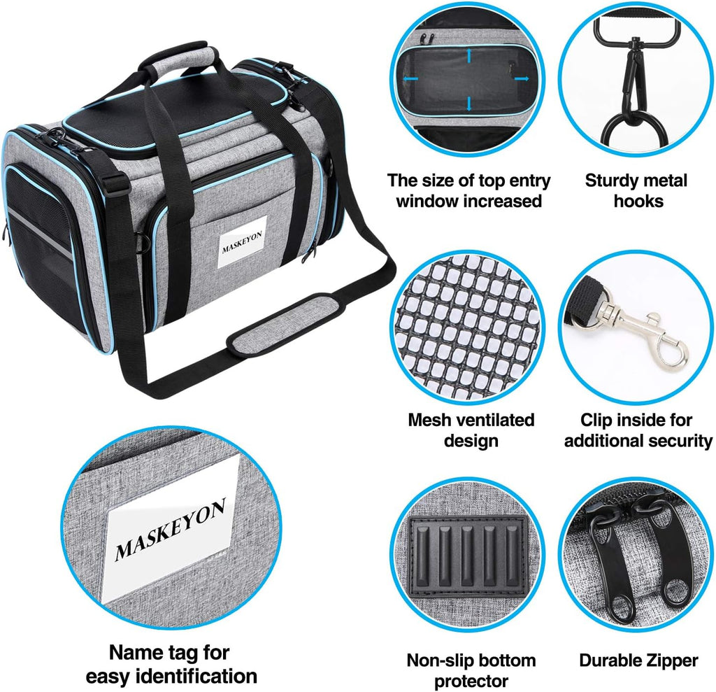 Airline Approved Pet Carrier, Large Soft Sided Pet Travel TSA Carrier 4 Sides Expandable Cat Collapsible Carriers with Removable Fleece Pad and Pockets for Cats Dogs and Small Animals