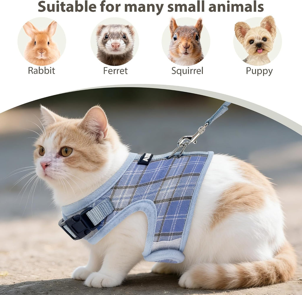AIITLE Plaid Adjustable Cat Harness and Leash Set Escape Proof, Blue L