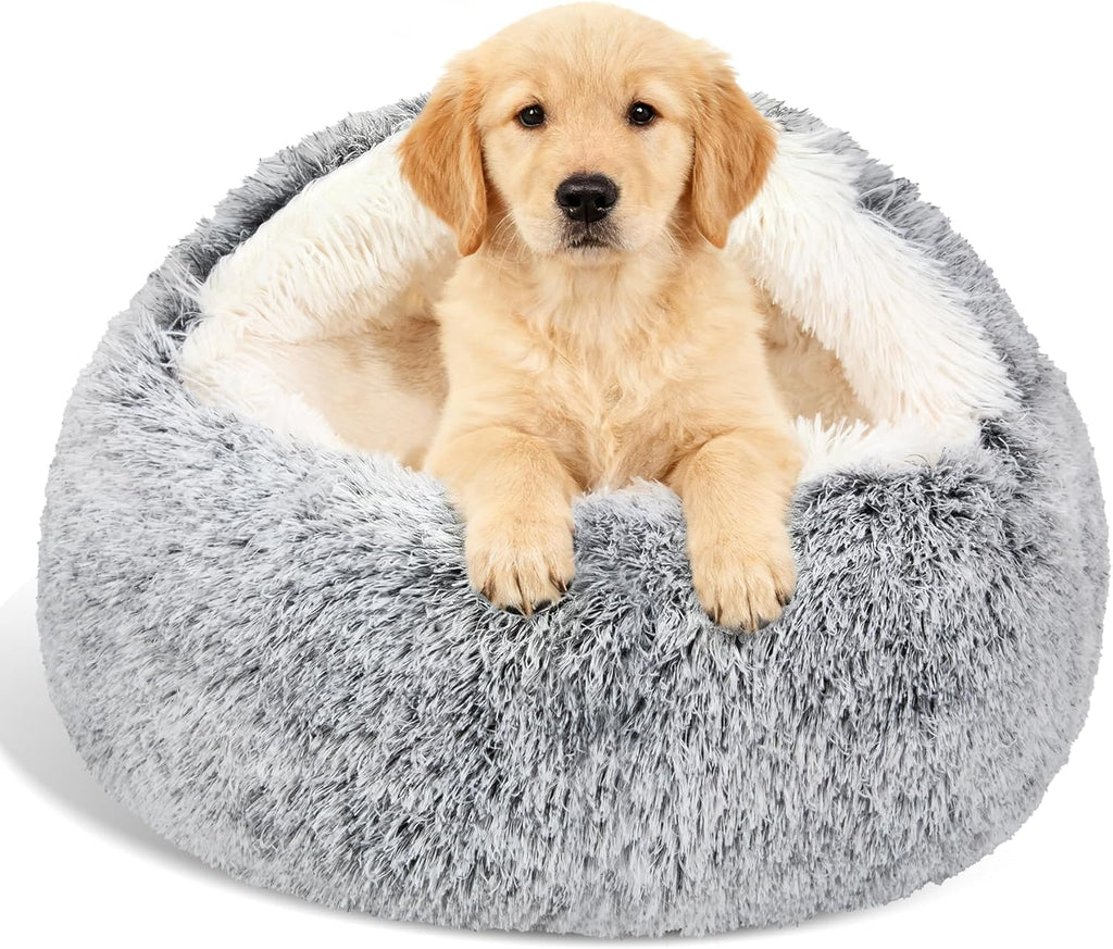 Calming Dog Beds & Cat Cave Bed with Hooded Cover,Removable Washable Round Beds for Small Medium Pets,Anti-Slip Faux Fur Fluffy Coved Bed for Improved Sleep,Fits up to 15/25 lbs(Grey,M)