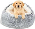 Calming Dog Beds & Cat Cave Bed with Hooded Cover,Removable Washable Round Beds for Small Medium Pets,Anti-Slip Faux Fur Fluffy Coved Bed for Improved Sleep,Fits up to 15/25 lbs(Grey,M)