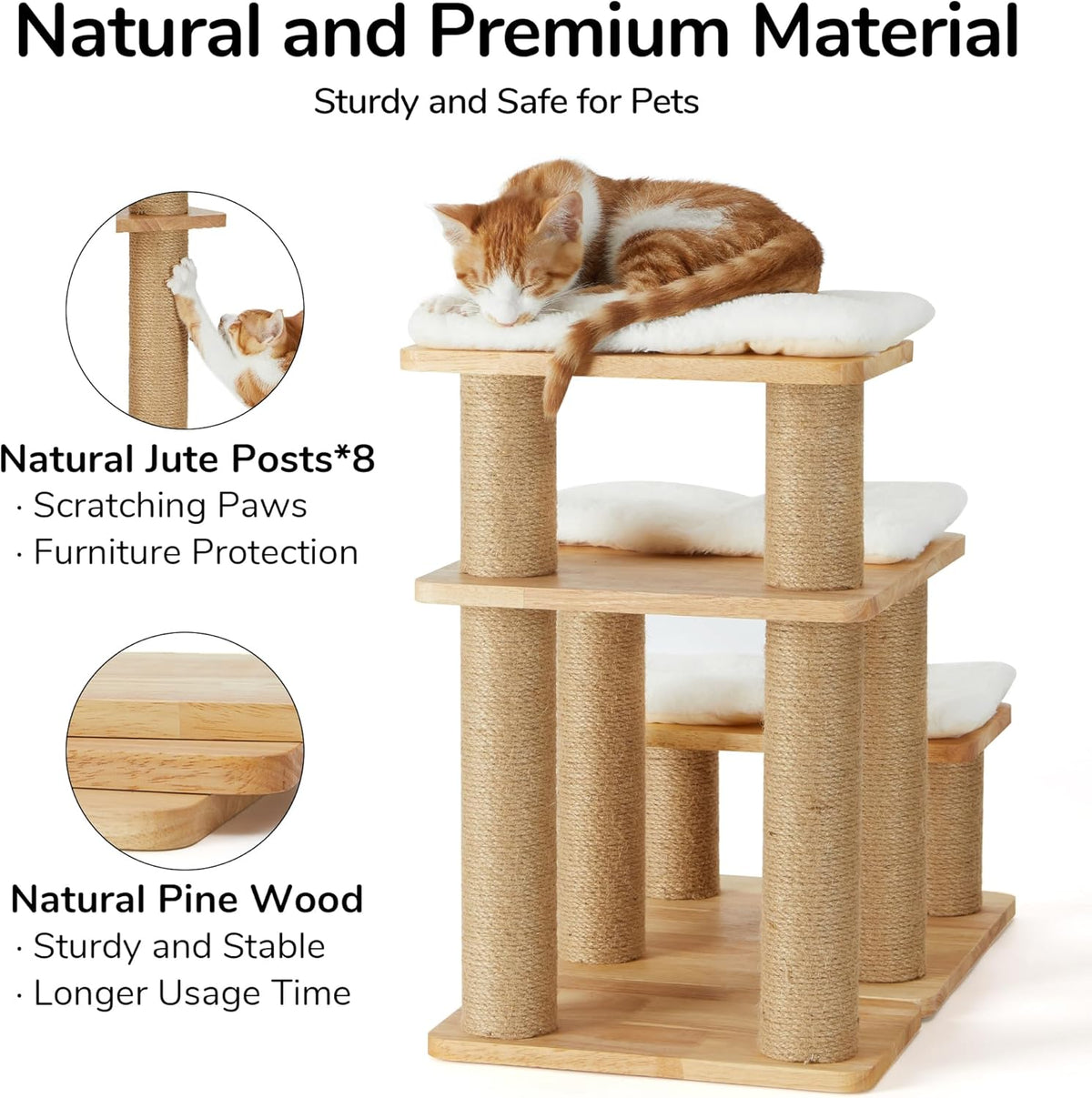 FUKUMARU Dog Stairs, Solid Wood Pet Stairs with Cat Scratching Post