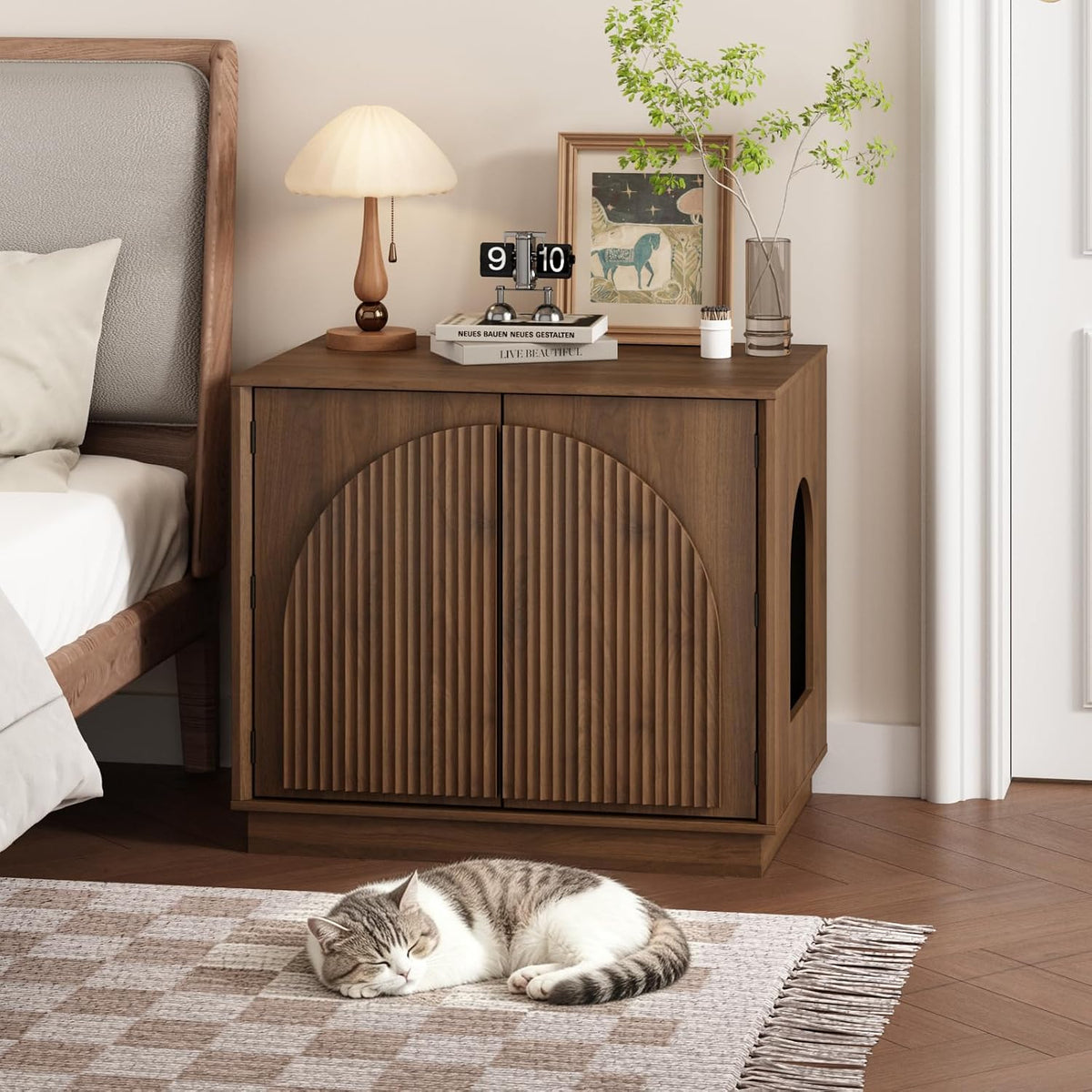 Cat Litter Box Enclosure, Modern Fluted Hidden Litter Box Furniture | 24.4" Tall Fits Most Litter Trays, Arched Fluted Door, Beveled Sides, 2.4" Reinforced Base, Rear Ventilation, Easy Assembly