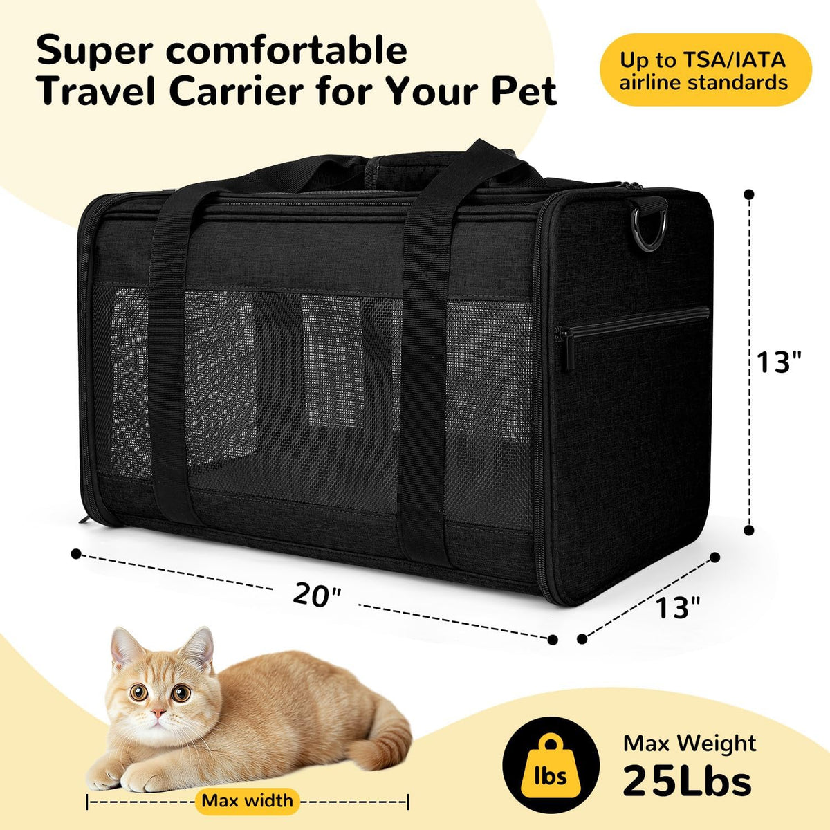 Hipubby Large Cat Carriers Dog Carrier Pet Carrier for Cats Dogs Puppies up to 25Lbs, Big Dog Carrier Soft Sided, Airline Approved Pet Carrying Case with Shoulder Strap & Removable Mat - Black