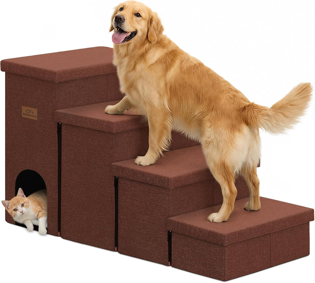 Zerbuger Dog Stairs with Storage, Brown 4 Steps Dog Ramp with Condo for Bed