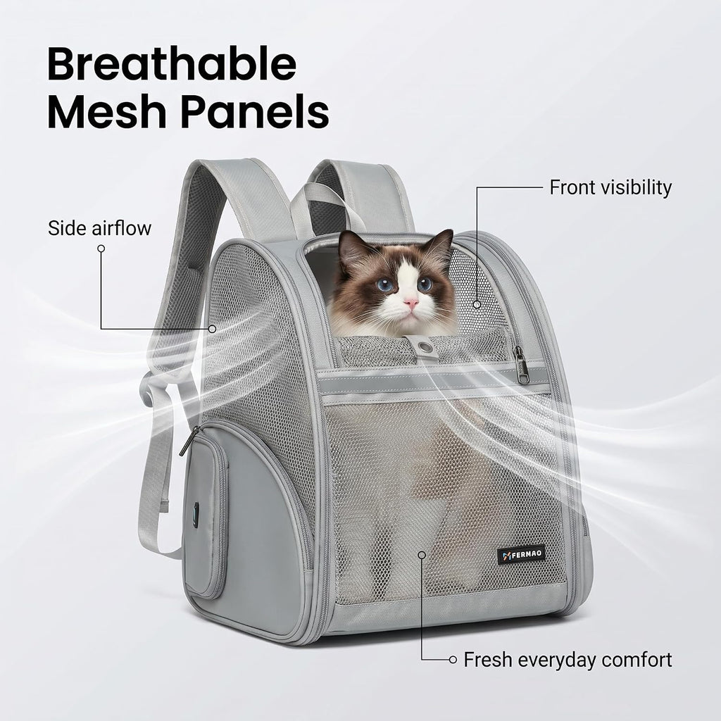 Cat Backpack Carrier for Small Dogs and Medium cat Puppy Kitten Bunny Pet Carrier Backpack Collapsible with Fully Ventilated Mesh with Safety Leash (Gray, 12.9" L x 10.62" W x 15.5" H - M)