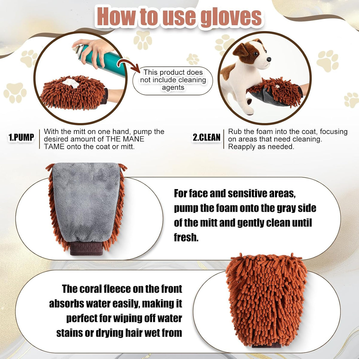 Teenyyou 2 Pcs Dog Towel Chenille Microfiber Pet Grooming Gloves,Brown