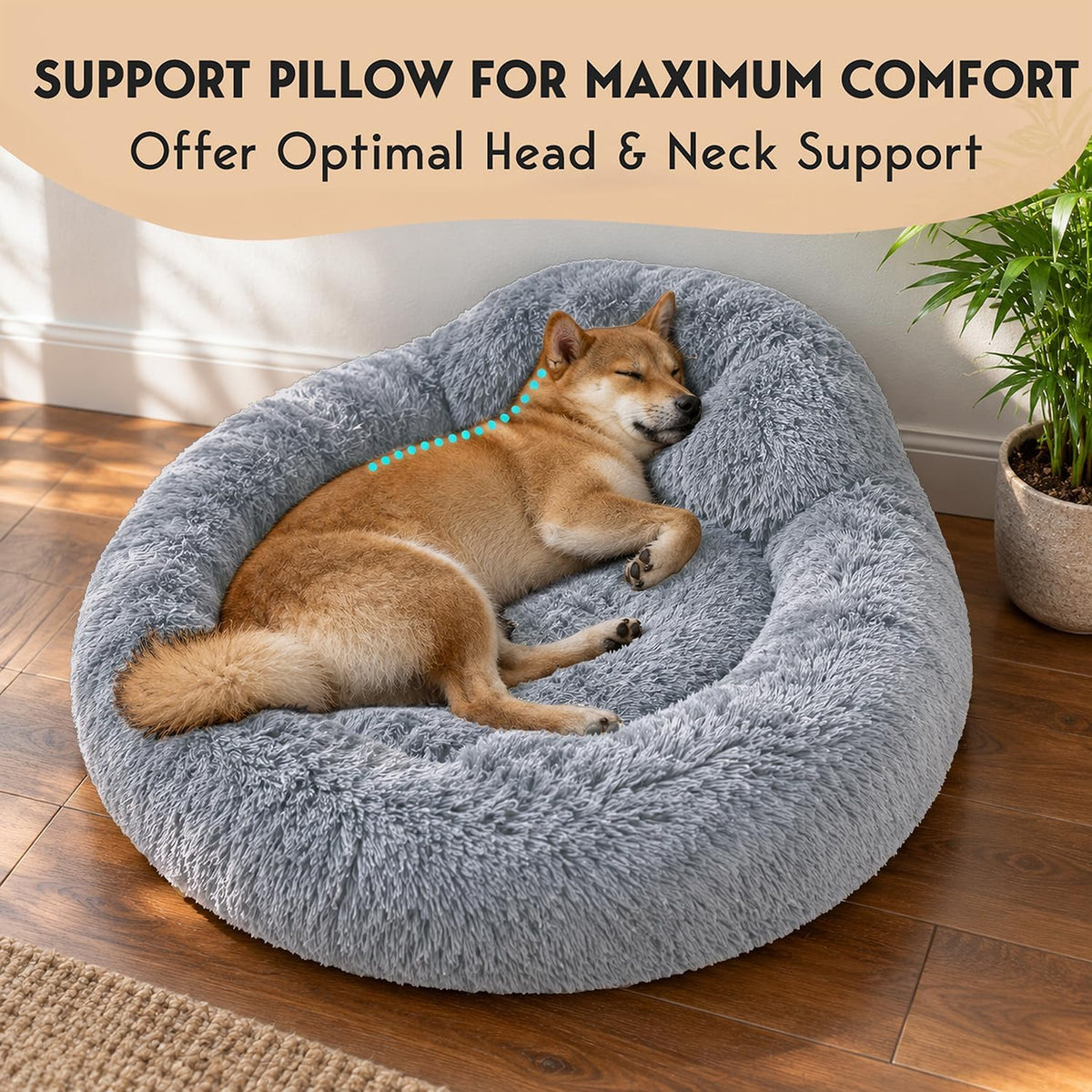 PetJett Calming Dog Bed Medium Size Dog - 30'' Donut Bed, Washable Dog Bed - Anti-Slip Super Soft Fluffy Plush Round Bed, Anti-Anxiety Premium Comfort Pet Bed, Fits Dogs up to 45 lbs - Bright Grey
