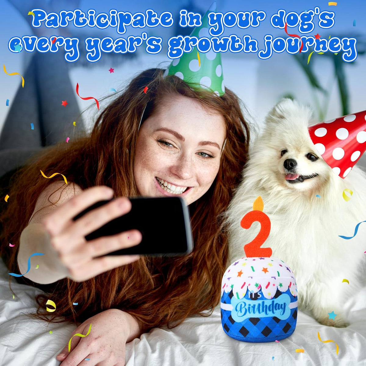 Dansydaisy Dog Birthday Cake Toy Squeaky Plush Gift,2nd,Blue Grid | Interactive Squeaky Gift for Dogs, Dog Birthday Decor , Soft Chew for Small Medium Large Pets, Cake Design with Candle