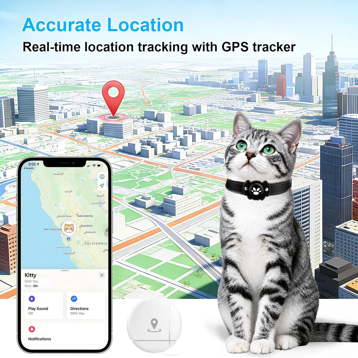 GPS Tracker for Cats, Cat GPS Tracker, Pet Location Tracker with Collar, Real-Time Tracking, No Monthly Fee or Subscription, Waterproof, 365-Day Long Battery Life Cat Collar, iOS & Android (Black)