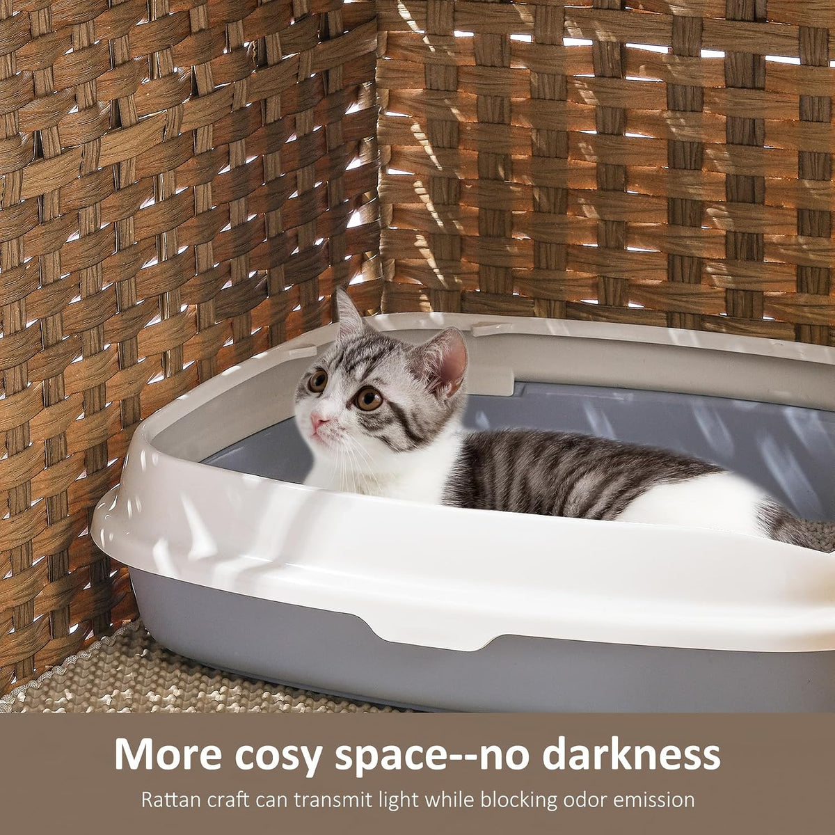 Cat Litter Box Enclosure with Door, Hidden Cat Washroom Furniture | Handwoven PP Wicker; Soft Litter Mat Included; Spacious Interior; Furniture-Style Design; Indoor Home Décor
