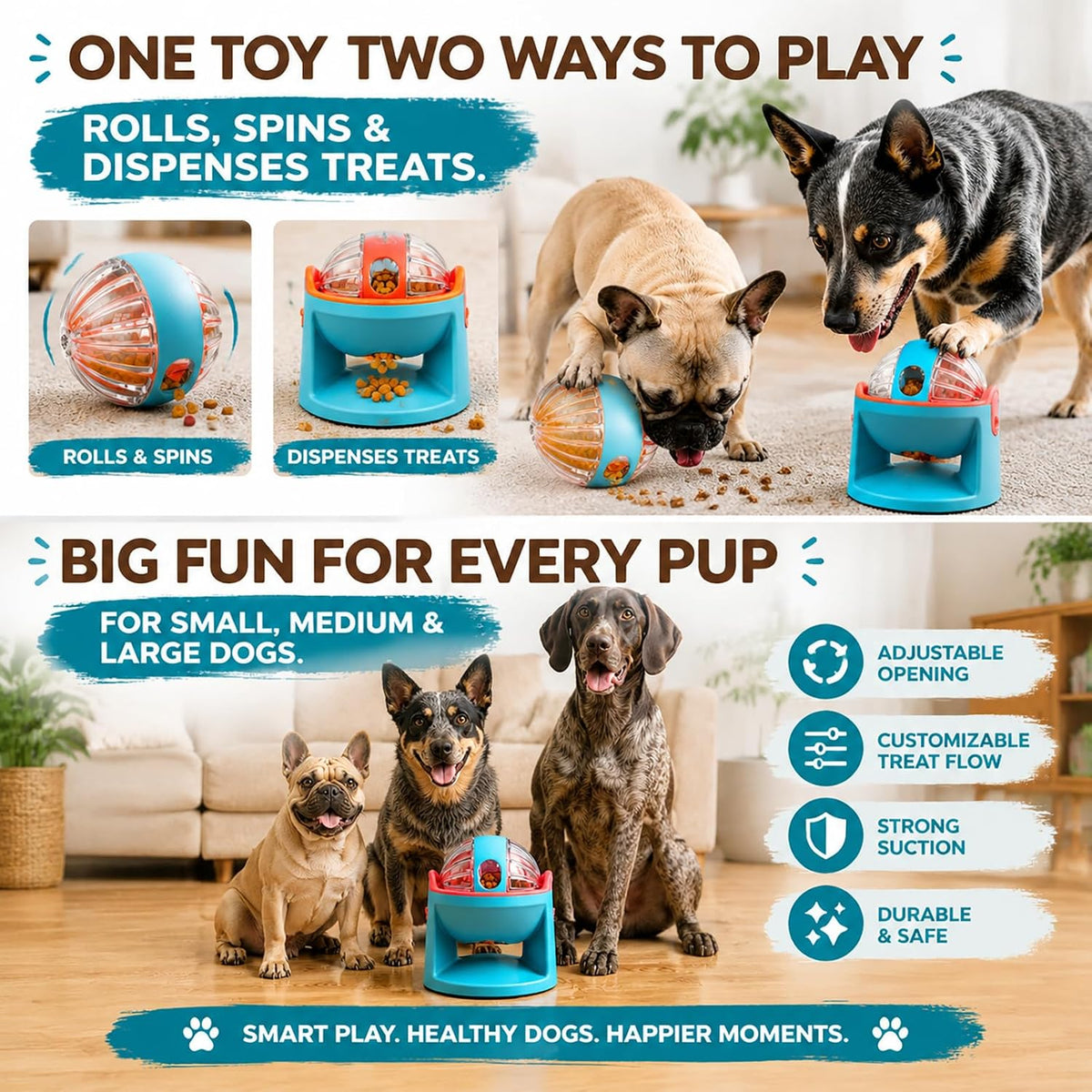 Adjustable Dog Slow Feeder Treat Dispensing Dog Toy, Dog Toys to Keep Them Busy with Base, Puzzle Toys for Dogs to Enrich Their Lives and Relieve Boredom, Dog Slow Feeders(Blue)