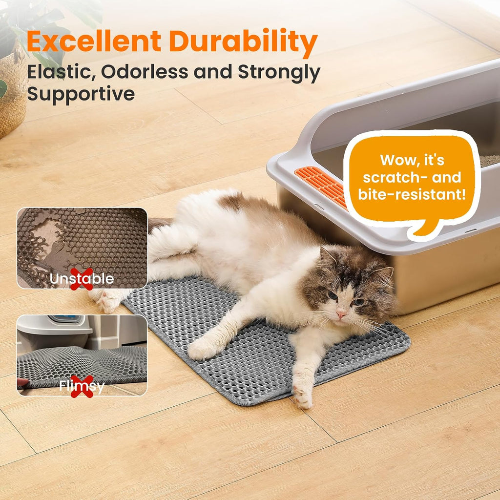 Small Cat Litter Mat, Double Layer Honeycomb Litter Box Mat | 20x14”, Reduces Litter Tracking, Waterproof, Non-Slip, Soft on Paws, Scratch Resistant, Easy to Clean, Gray