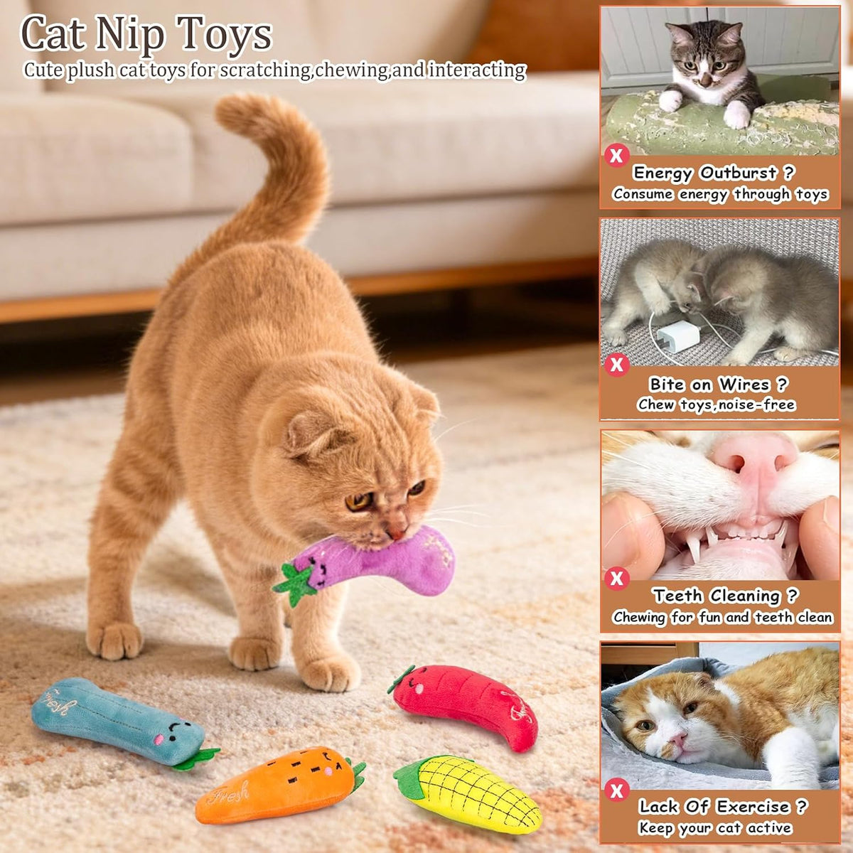 ETEKYER Catnip Cat Toys for Indoor Cats Kitten, 5 Pack, Vegetable Shape | Cat Nip Toys Soft and Durable, Interactive Kitty Kicker Chew Safe Teeth Cleaning Toy