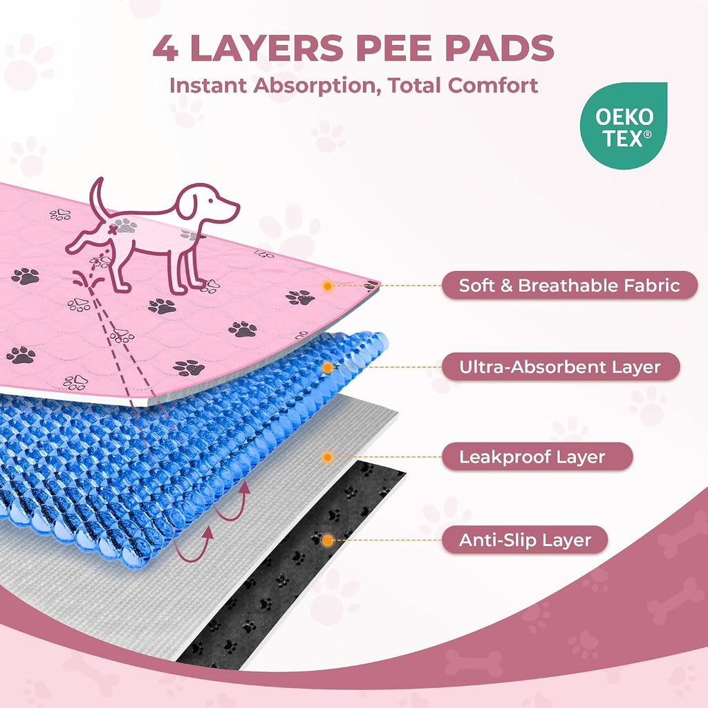 Fostanfly Washable Dog Pee Pads, Ultra-Absorbent, 31"x36"-2 Pack, Pink | Leak-Proof, Waterproof, Non-Slip, Large Reusable Pee Pads for Puppy Potty Training, Crate and Playpen with 8 Tie Straps