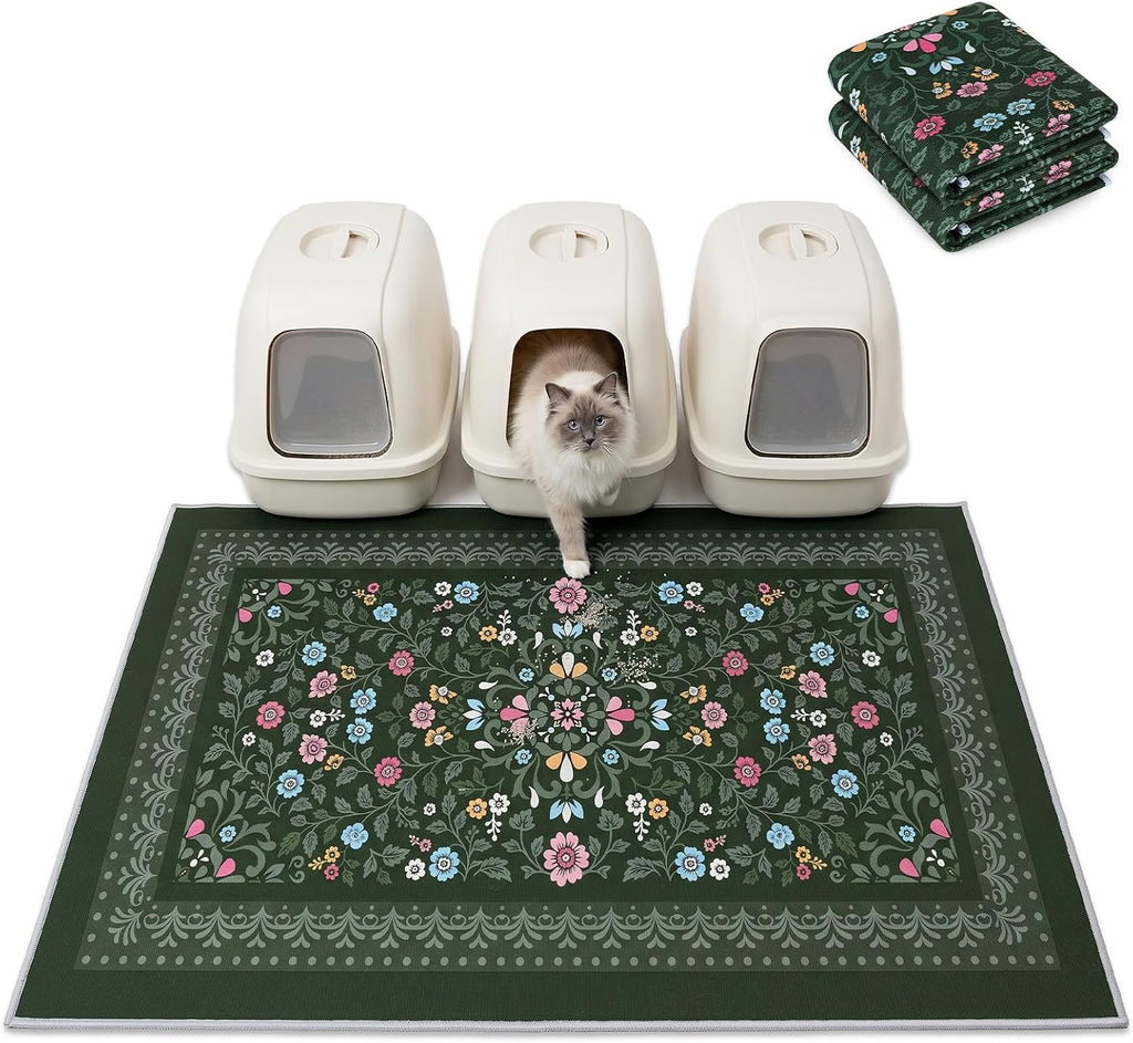 Bienbee Cat Litter Mat, 2 Pack 48" x 36" Machine Washable for Litter Boxes | Cat Litter Rug with Waterproof Backing, Non-Slip Grip and Soft On Kitty Paws to Catch Litter and Protect Floor