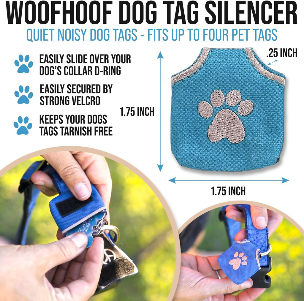 Woofhoof Dog Tag Silencer, Teal Pawprint - Quiet Noisy Pet Tags - Fits Up to Four Pet IDs - Dog Tag Cover Protects Metal Pet IDs, Made of Durable Nylon, Universal Fit, Machine Washable