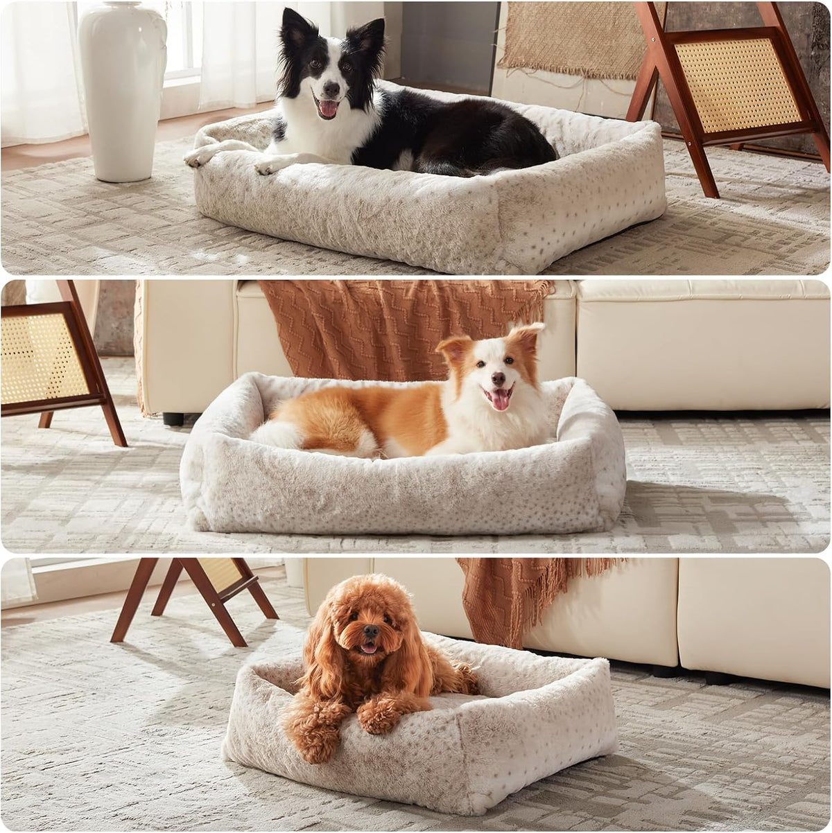 JOEJOY Large Dog Beds Large Sized Dog, Removable Washable Cover Orthopedic Soft Faux Rabbit Fur Pet Bed, Anti-Slip Fluffy Plush Faux Rabbit Fur Puppy Bed, 36"x27"x8", Leopard Print, Beige