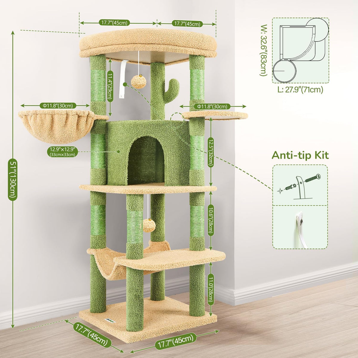 Globlazer Cactus Corner Cat Tree Tower with Scratching Post, C51, Green