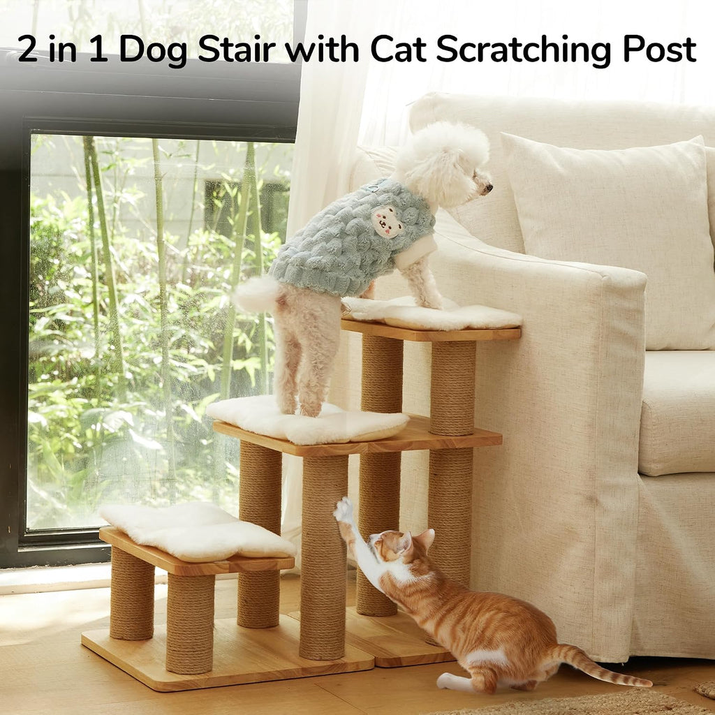FUKUMARU Dog Stairs, Solid Wood Pet Stairs with Cat Scratching Post