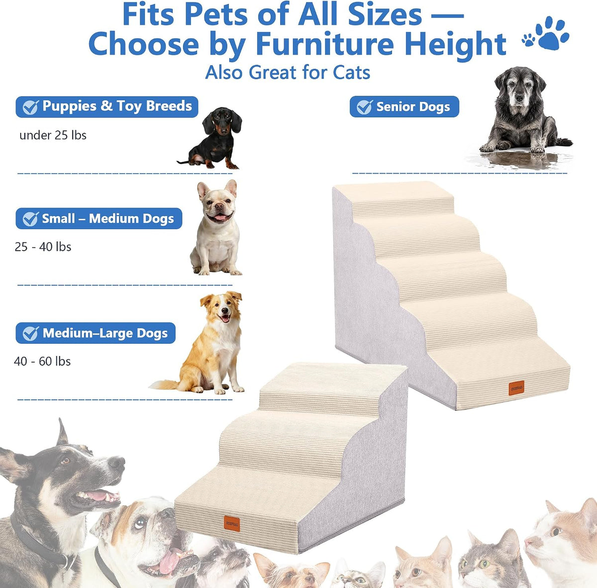 5‑Step Curved Dog Stairs 22.6" H,Large Dogs,High Bed & Car Access