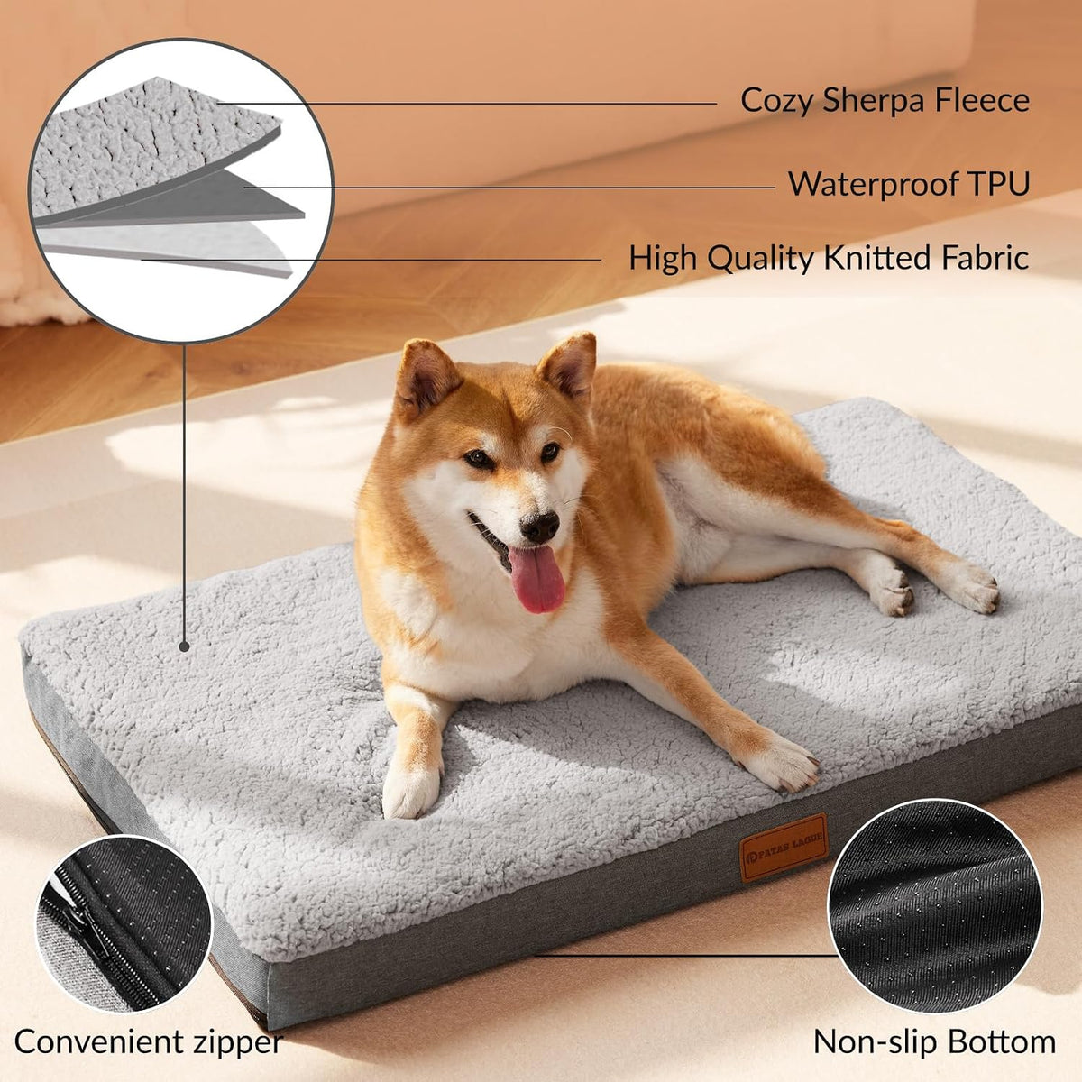 Patas Lague Orthopedic Large Dog Bed Washable Pet Sofa Mat 48''X30'' Grey