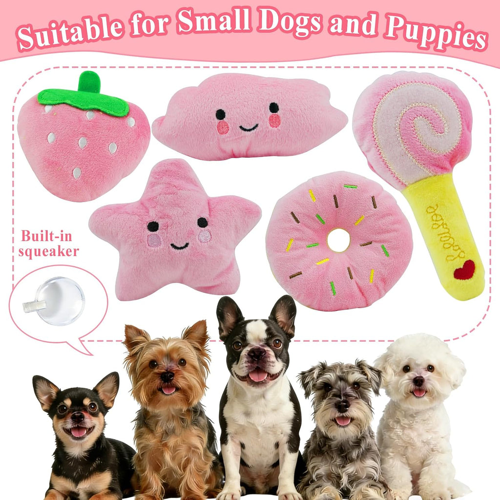 ASOCEA Small Dog Toys 5 Pack, Squeaky Plush Puppy Toys,Pink | Soft Cute Interactive Chew Teething Toys for Small Breed Dogs