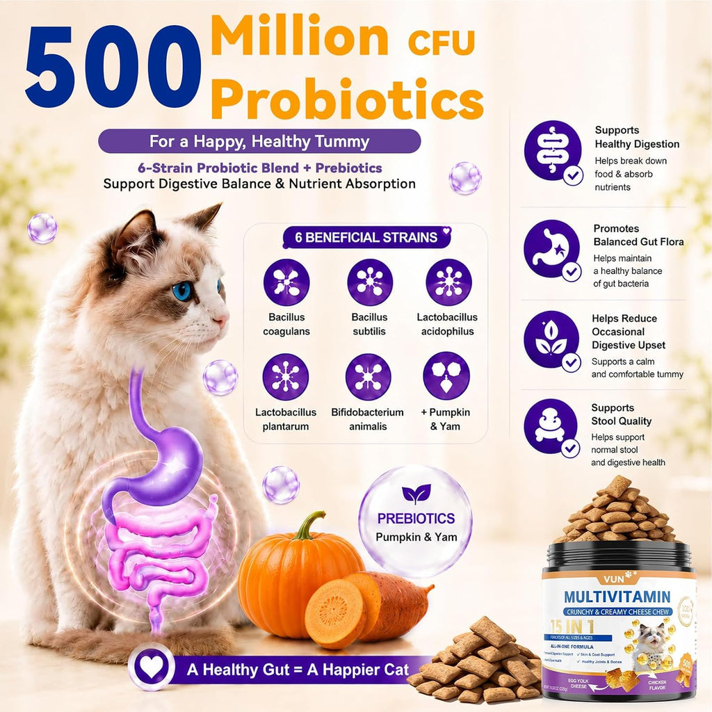 VUN Cat Vitamins Crunchy&Creamy Chews-Multivitamin for Indoor Cats