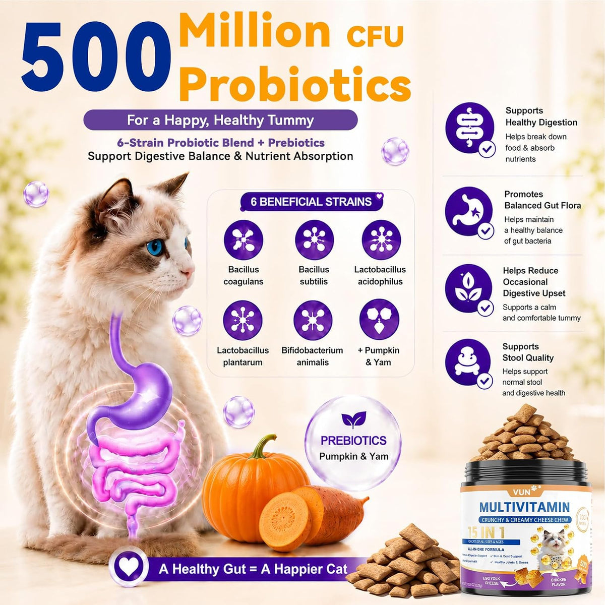 VUN Cat Vitamins Crunchy&Creamy Chews-Multivitamin for Indoor Cats