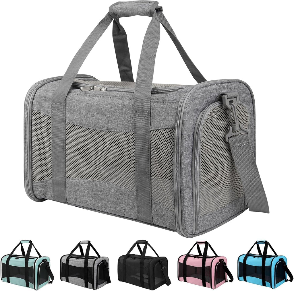 Cat Carrier, Soft-Sided Airline Approved Pet Carrier Case with 4 Ventilated Windows for Cats and Dogs Under 10-25Lbs (17.0 L x 11.0 W x 11.0 H Inch, Grey)