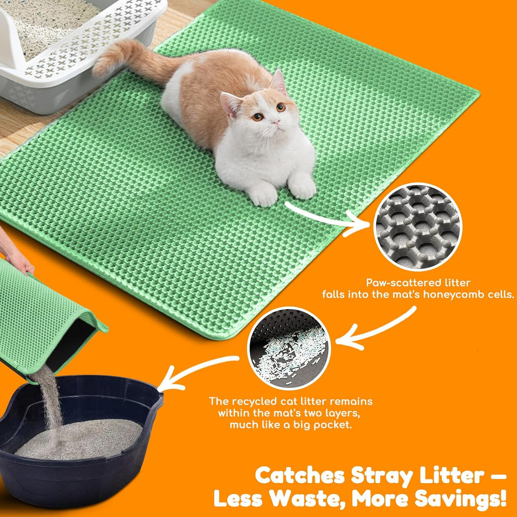 Cat Litter Mat 47"x27",Double Layer EVA Litterbox Mat Green | Extra Large Honeycomb, Waterproof & non-slip, Odor-free, easy clean, washable durable floor protector,scatter control