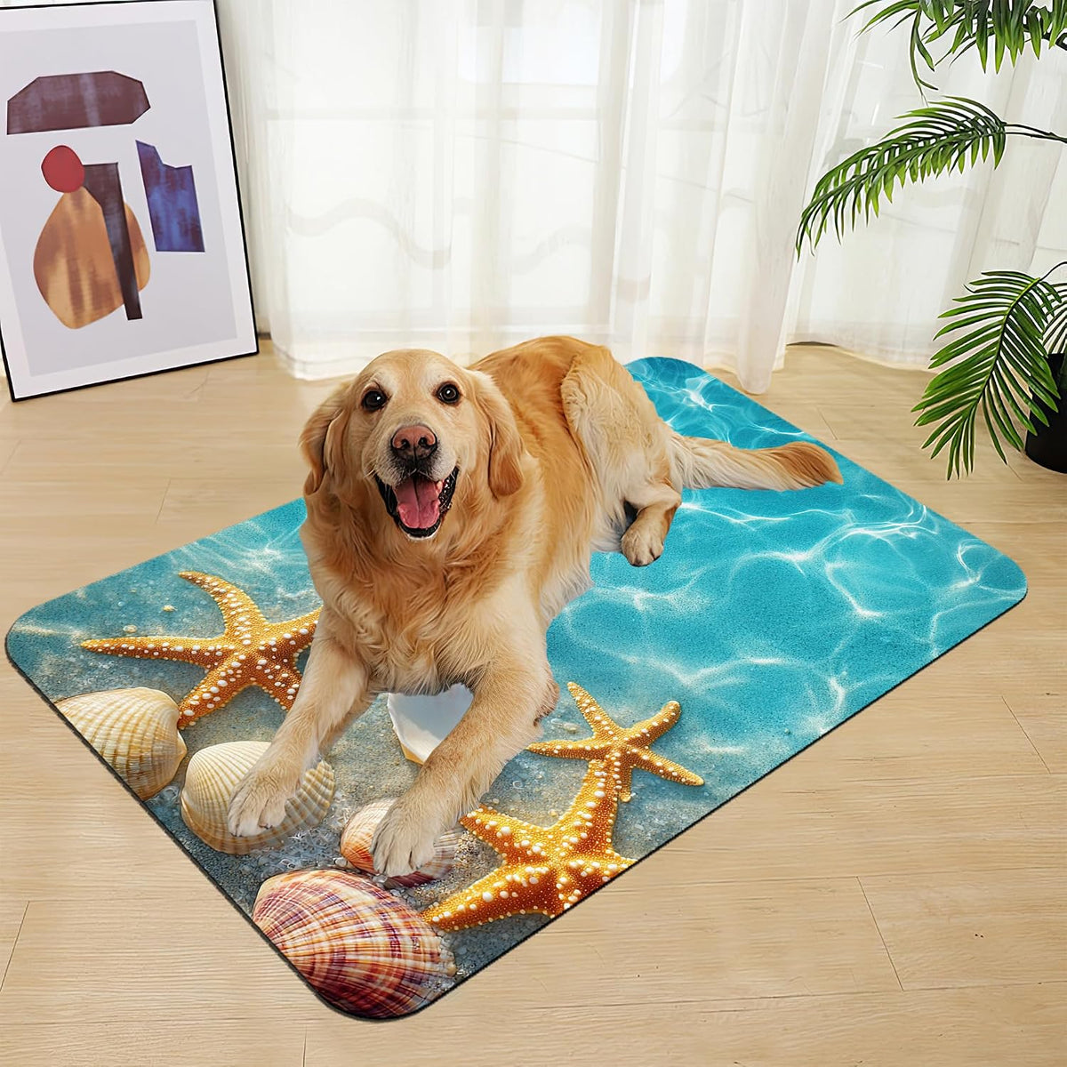 Starfish Seashell on Beach Pet Feeding Mat for Floors–Absorbent Quick Dry Dog Cat Bowl Mat for Food and Water, Non Slip Waterproof Base, Mess-Free Feeding Accessories 12"x20"