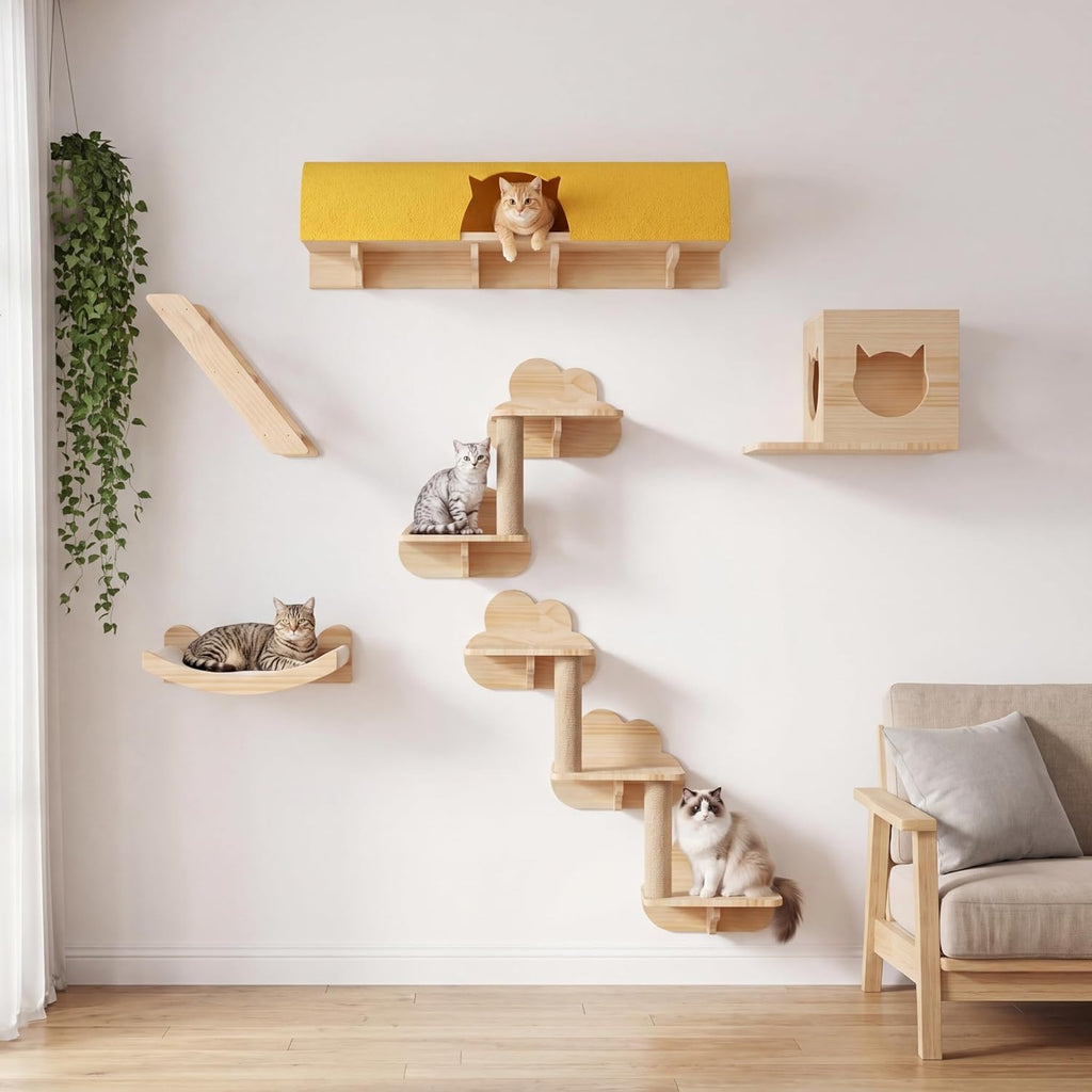 Cat Wall Shelves, 12-in-1 Wood Cat Wall Furniture Set with Tunnel