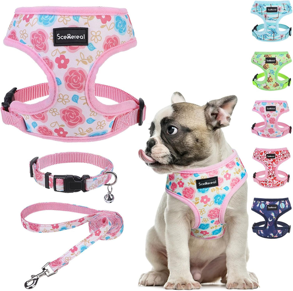 SCENEREAL Small Dog Harness and Leash Set, Flowers Pink, M