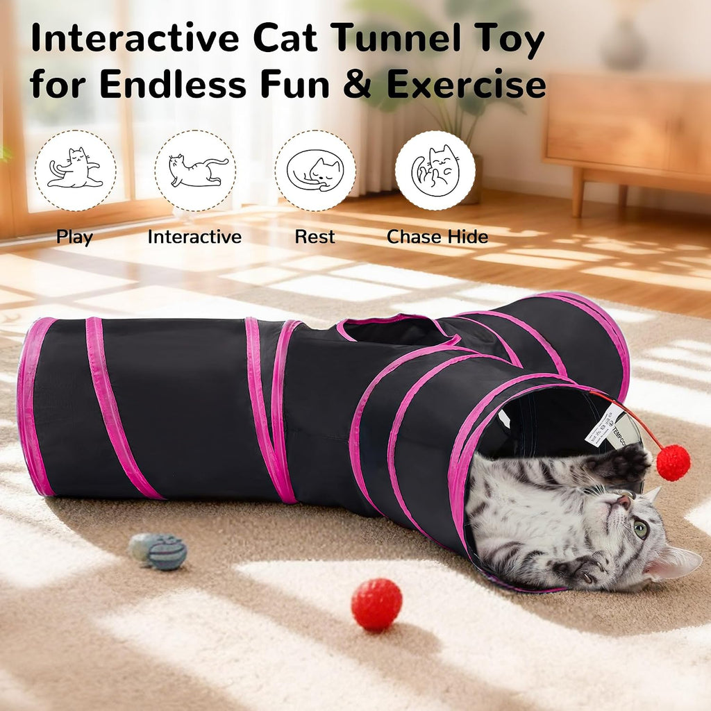 Tempcore Cat Tunnel, 3-Way Collapsible Toy, Large Size Black & Rose Red | Large Size 3-Way Cat Tunnel Provides More Room for Cats to Run, Hide and Chase, with Peek Holes, Hanging Ball and Teaser Wand