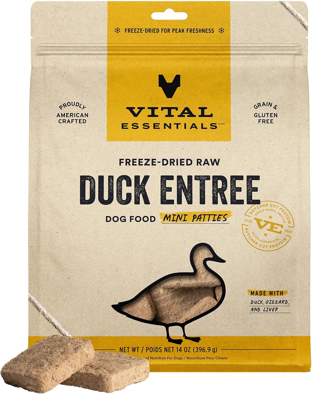 Vital Essentials Freeze Dried Dog Food, Duck Mini Patties, 14 oz Bag